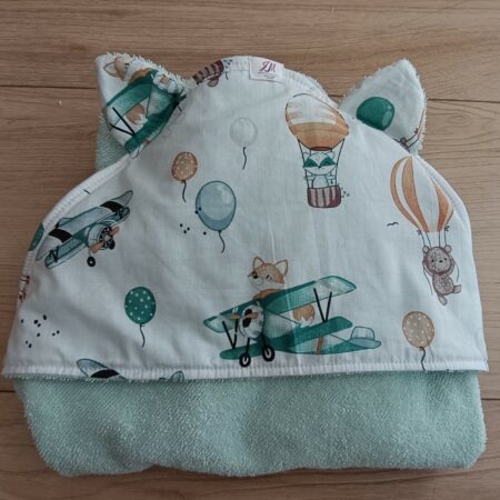Cape de bain bébé en coton éponge avec capuche et oreilles, motif montgolfières et avions