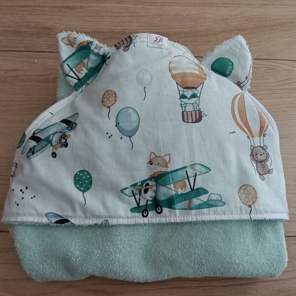 Cape de bain bébé en coton éponge avec capuche et oreilles, motif montgolfières et avions