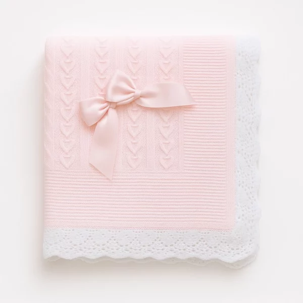 couverture bébé en tricot couleur rose avec dentelle 110x110 cm
