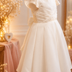 Robe de cérémonie crème avec manches volantées, buste drapé et bas évasé. Création Jessica Martin sur commande