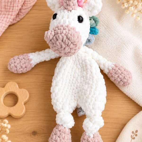 Peluche licorne au crochet faite main, blanche avec sabot rose et crinière multicolore